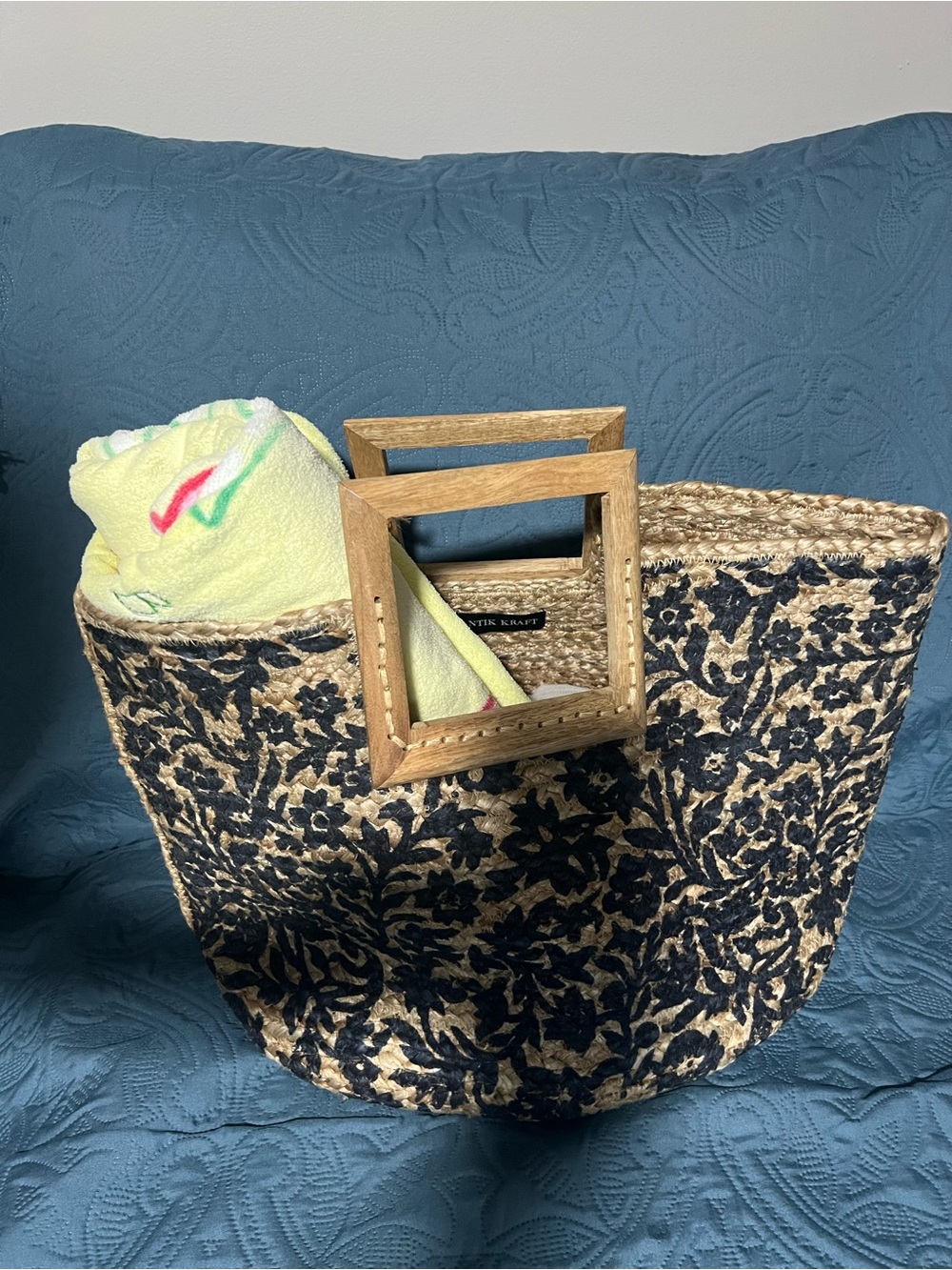 Antik Kraft Navy and Natural Woven Tote with Wooden Square Handles